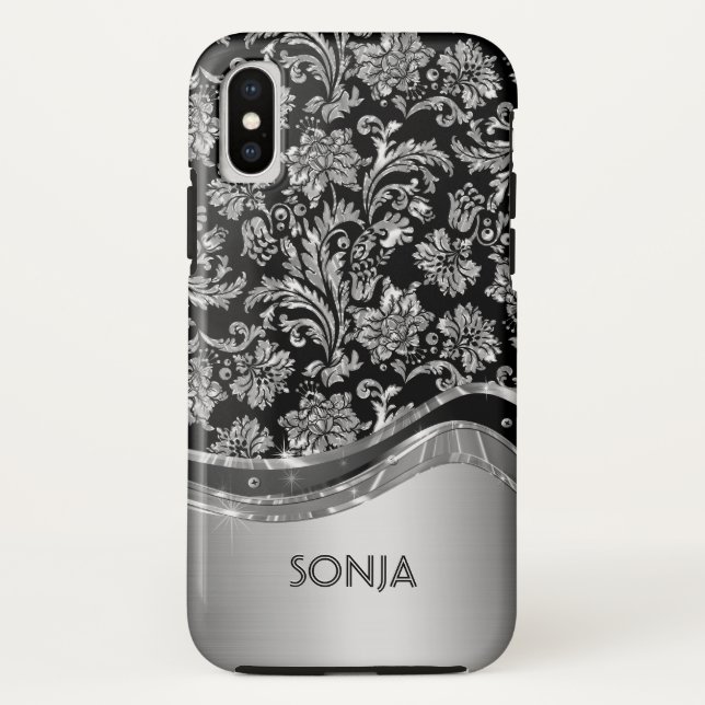 Metallic Silver-Gray Floral Damasks Case-Mate iPhone Case (Back)