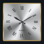 Metallic Silver Gray Gold Border Roman Numerals Square Wall Clock<br><div class="desc">Image of shiny silver gray metallic texture stainless steel look with tin gold border and black Roman numerals.
Optional black name monogram.</div>