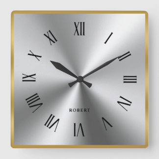 Metallic Silver Gray Gold Border Roman Numerals Square Wall Clock