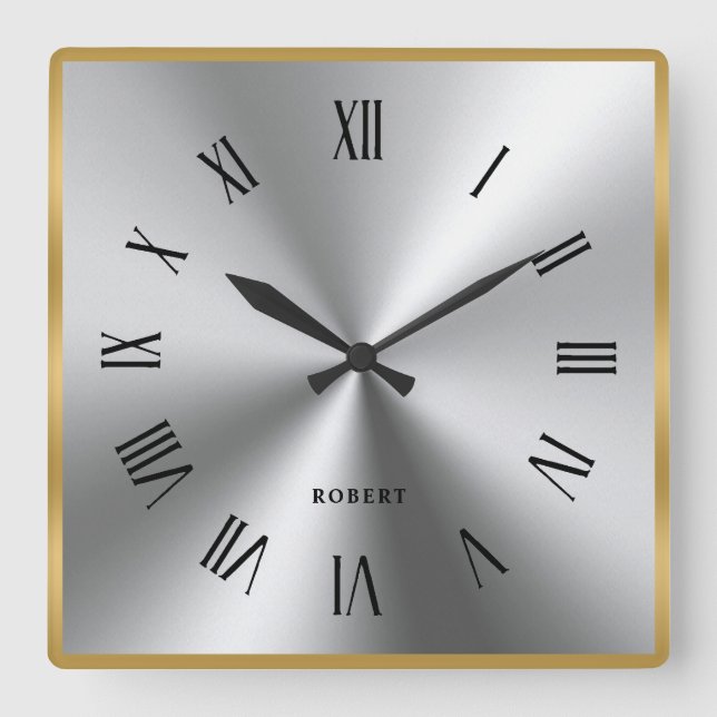 Metallic Silver Gray Gold Border Roman Numerals Square Wall Clock (Front)