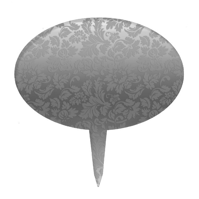 Metallic Silver Gray Monochromatic Floral Damasks Cake Topper (Front)