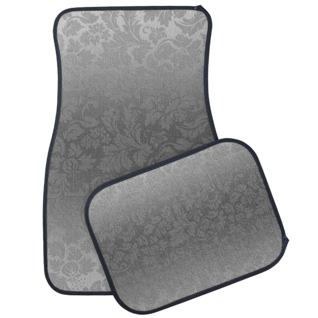 Metallic Silver Gray Monochromatic Floral Damasks Car Mat (Set)