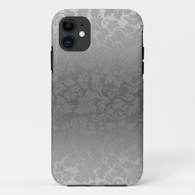 Metallic Silver Gray Monochromatic Floral Damasks Case-Mate iPhone Case (Back)
