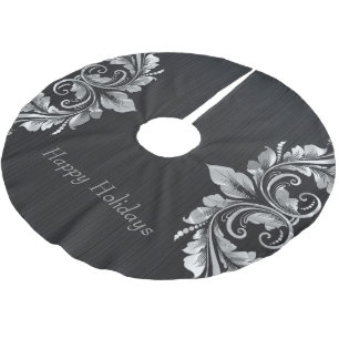 Metallic Silver Gray Swirls Over Black Background Brushed Polyester Tree Skirt