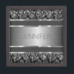 Metallic Silver Gray Vintage Floral Damasks 2 Keepsake Box<br><div class="desc">Black and silver gray metallic design brushed aluminum look and metallic vintage floral damasks. Custom and optional monogram. Design is available on other products and can be requested on any product we offer at Zazzle. This is not a metal but image that looks metallic.</div>