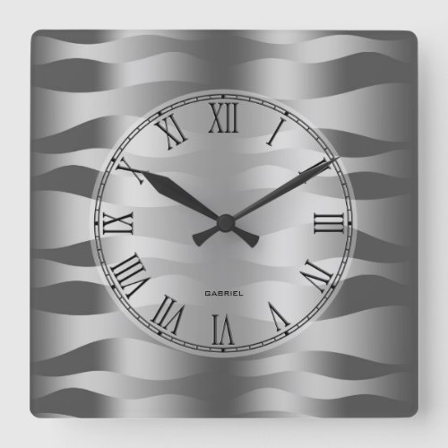 Metallic Silver Gray Wavy Zebra Stripes Pattern Square Wall Clock