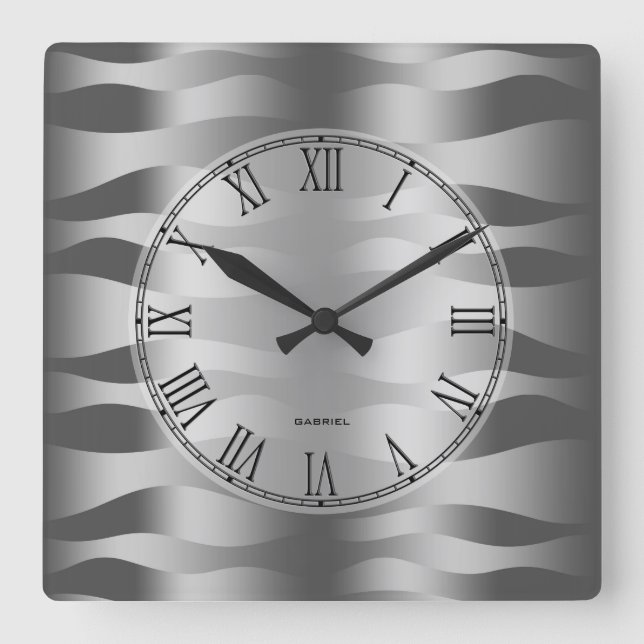 Metallic Silver Gray Wavy Zebra Stripes Pattern Square Wall Clock (Front)