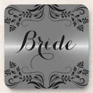 Metallic Silver gray With Black Floral Frame Beverage Coaster