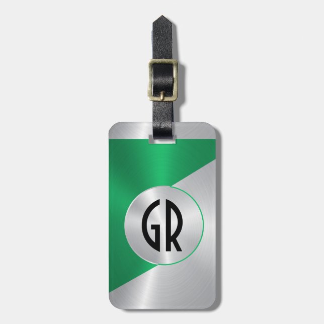 Metallic Silver & Green Stainless Steel Look Luggage Tag (Front Vertical)