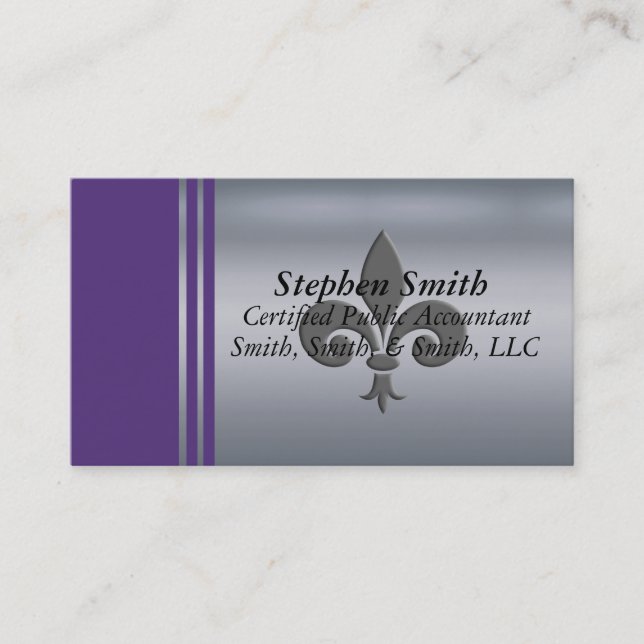 Metallic Silver, Grey And Purple Personalized Business Card (Front)