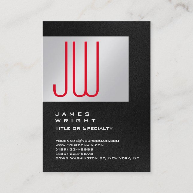 Metallic silver grey red stylish modern monogram business card (Front)