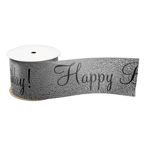 Metallic Silver Happy Birthday Script Modern Satin Satin Ribbon