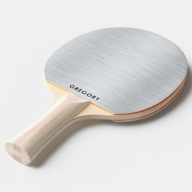 Metallic Silver Image Brushed Aluminum Look Ping Pong Paddle (Back Angle)