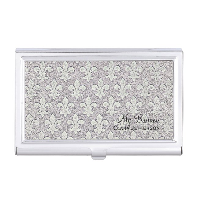 Metallic silver looking fleur de lis pattern case for business cards (Front)