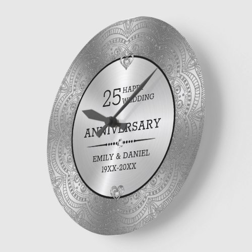 Metallic silver mandala 25th Anniversary template Large Clock