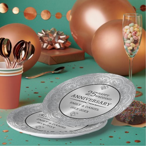 Metallic silver mandala 25th Anniversary template Paper Plates