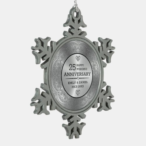 Metallic silver mandala 25th Anniversary template Snowflake Pewter Christmas Ornament