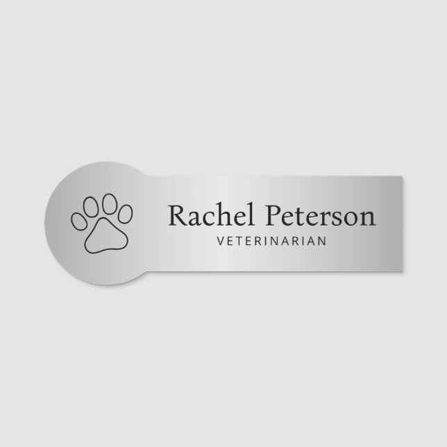 Metallic Silver Modern Paw Print Veterinary Name Tag (Front)