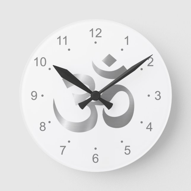 Metallic Silver Om Symbol Round Clock (Front)