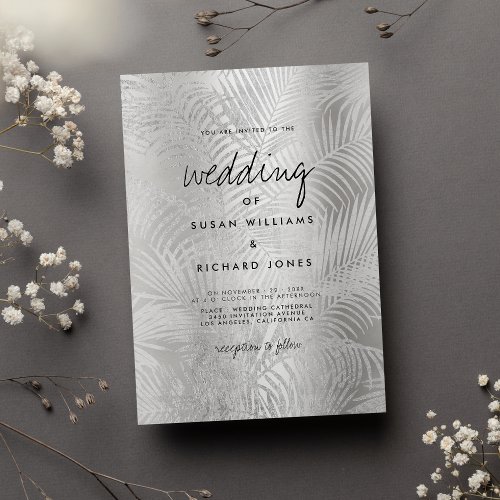 Metallic silver palm tree glam elegant wedding invitation