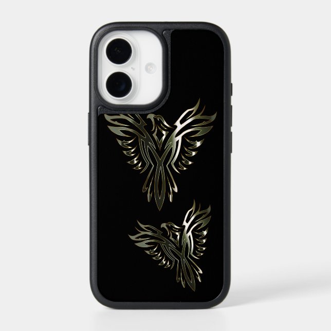 Metallic Silver Phoenix on Black Otterbox iPhone Case (Back)