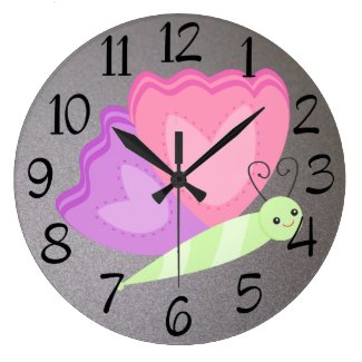 Metallic Silver Pink Purple Butterfly Large Clock