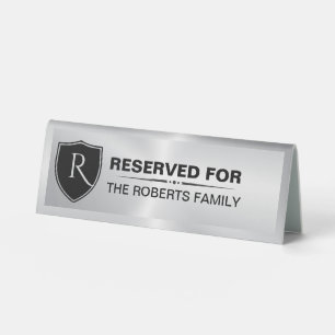 Metallic Silver Reserved Family Crest Monogram Table Tent