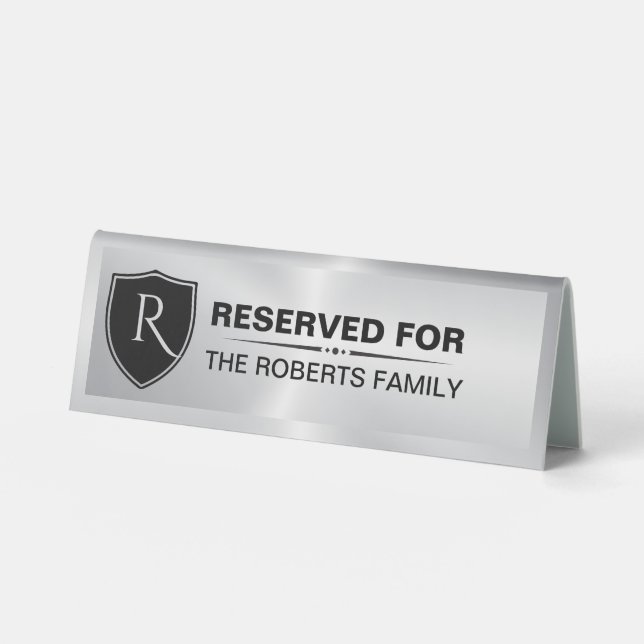 Metallic Silver Reserved Family Crest Monogram Table Tent (Front)