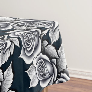 Metallic Silver Roses With Teal Leaves  Tablecloth