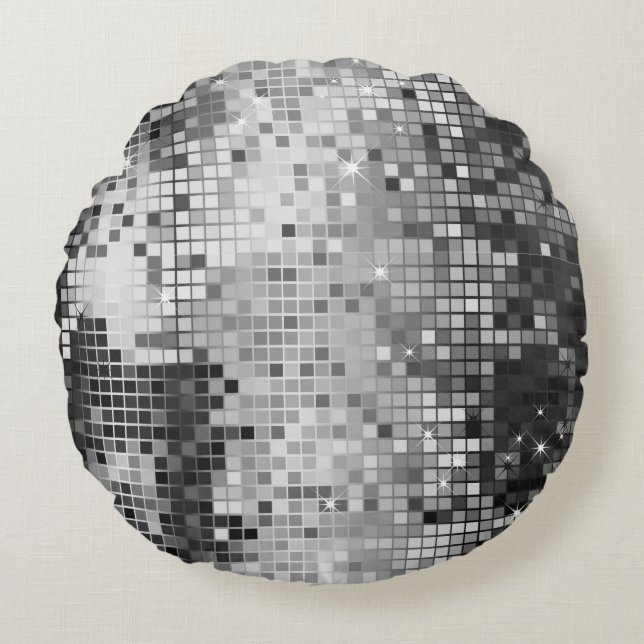 Metallic Silver Sequins Disco Glitter Pixel Art Round Pillow (Front)