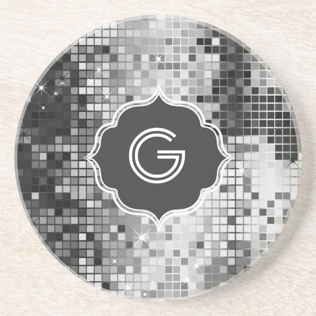 Metallic Silver Sequins Look Disco Mirror-Monogram Sandstone Coaster (Front)