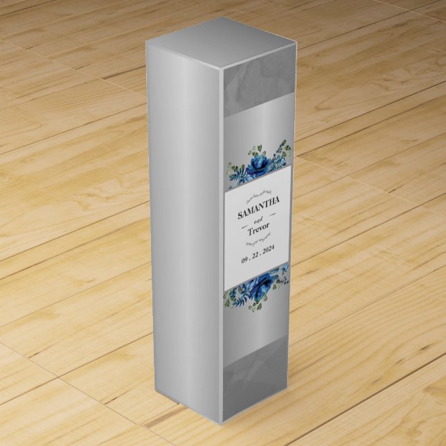 Metallic Silver Serenity: A Blue Floral Affair Wine Box (Front)
