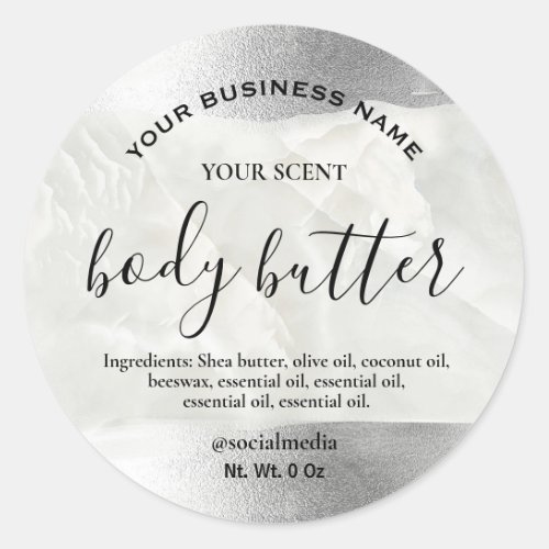 Metallic Silver Shimmer Marble Body Butter Labels