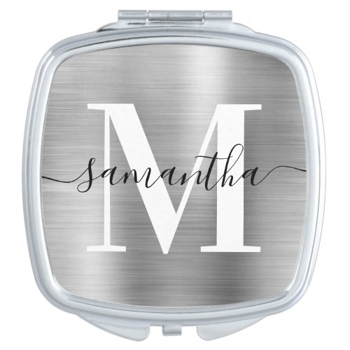 Metallic Silver Signature Monogram Compact Mirror