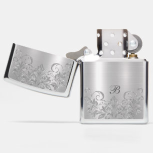 Metallic Silver Sparkling Swirls Accent Monogram Zippo Lighter