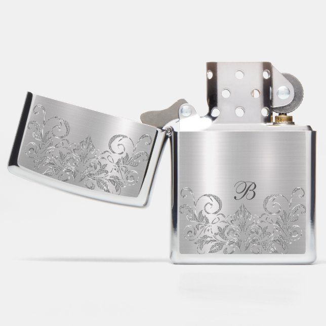 Metallic Silver Sparkling Swirls Accent Monogram Zippo Lighter (Opened)