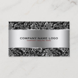 Metallic Silver Stainless Steel &amp; Floral Damasks Business Card