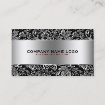 Metallic Silver Stainless Steel & Floral Damasks Business Card by artOnWear at Zazzle