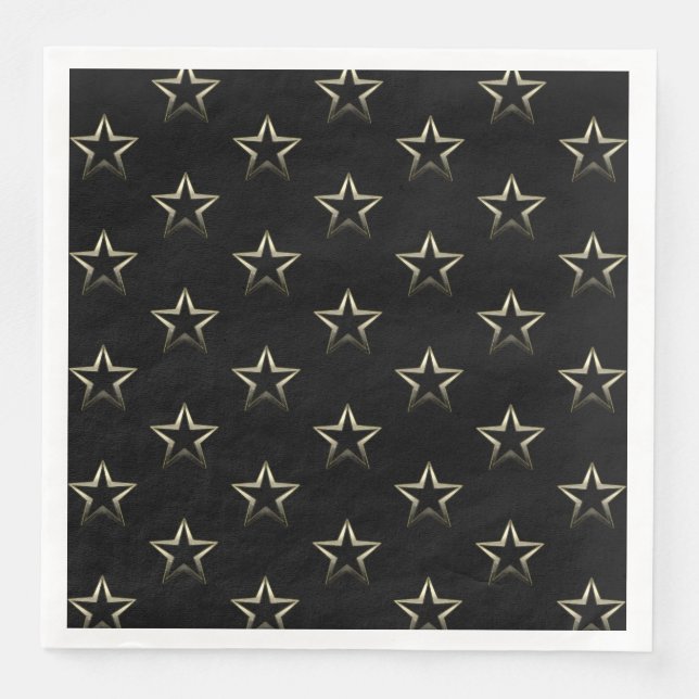 Metallic Silver Stars on Black Paper Dinner Napkins (Front)