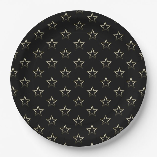 Metallic Silver Stars on Black Paper Plates (Front)