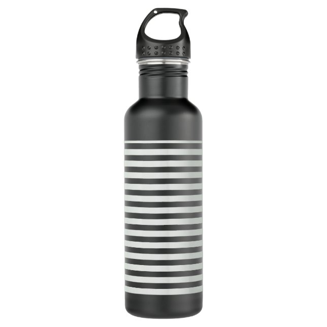 Metallic Silver Stripes Black Stainless Steel Water Bottle (Front)