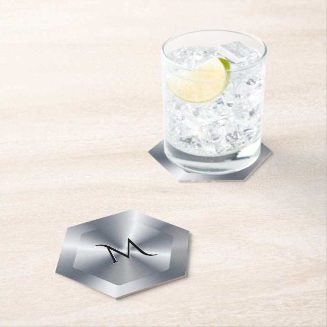 Metallic silver texture personalized monogram paper coaster (Insitu)