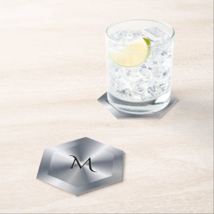 Metallic silver texture personalized monogram paper coaster
