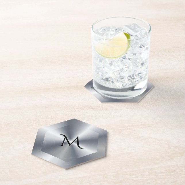 Metallic silver texture personalized monogram paper coaster (Insitu)