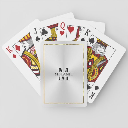 Metallic Silver Texture Shiny Gold Border Monogram Playing Cards