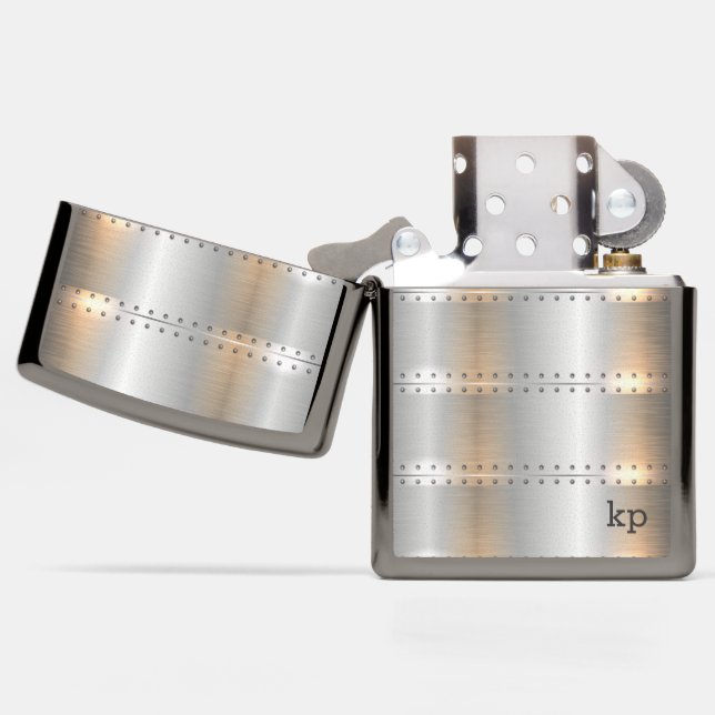 Metallic silver texture with rivets, monogram zippo lighter (Open)