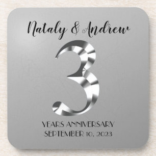 Metallic Silver Third Wedding Anniversary Beverage Coaster