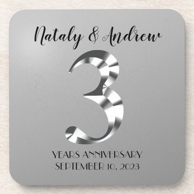 Metallic Silver Third Wedding Anniversary Beverage Coaster (Front)