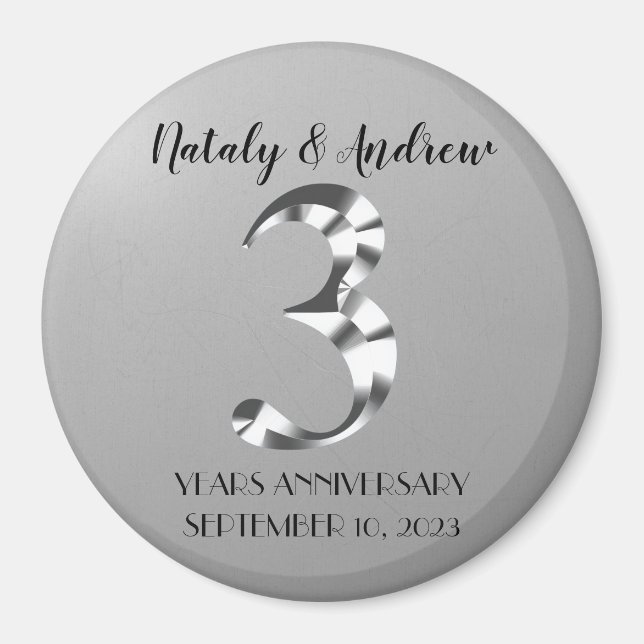 Metallic Silver Third Wedding Anniversary Magnet (Front)