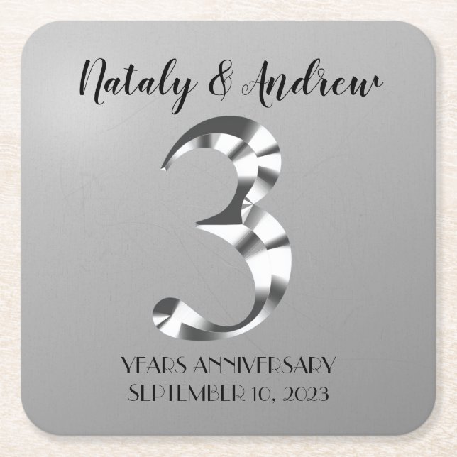 Metallic Silver Third Wedding Anniversary Square Paper Coaster (Front)